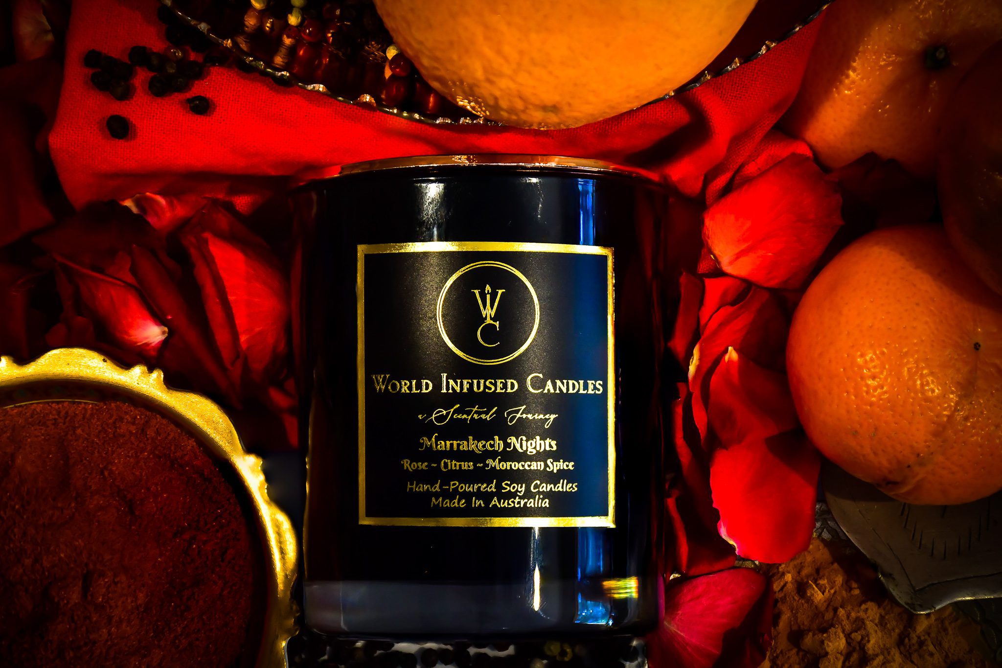 Marrakech Nights Soy Candle With the scents of Rose, Citrus and Morrocan Spice