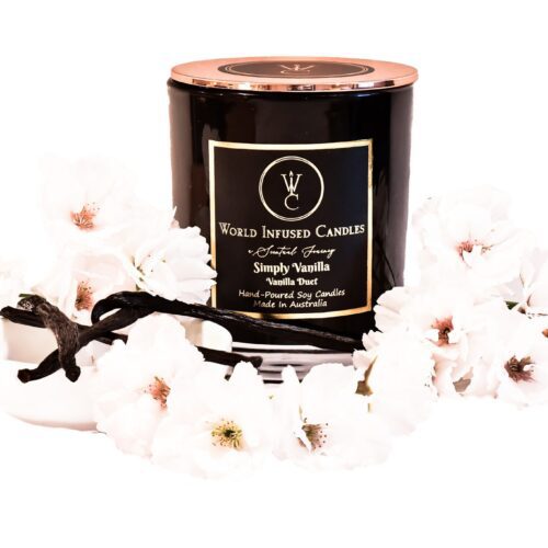 Simply Vanilla Soy Candle frount of product picture with white flowers and vanilla bean pods