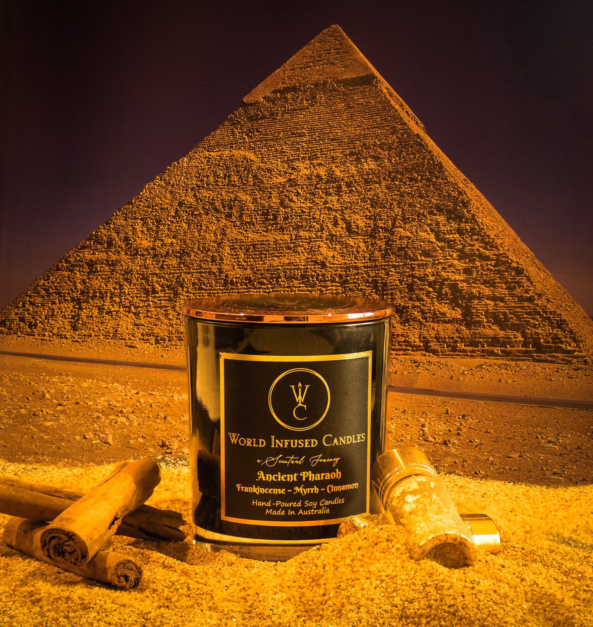 Ancient Pharaoh frankincense and myrrh candle with Pyramid in background