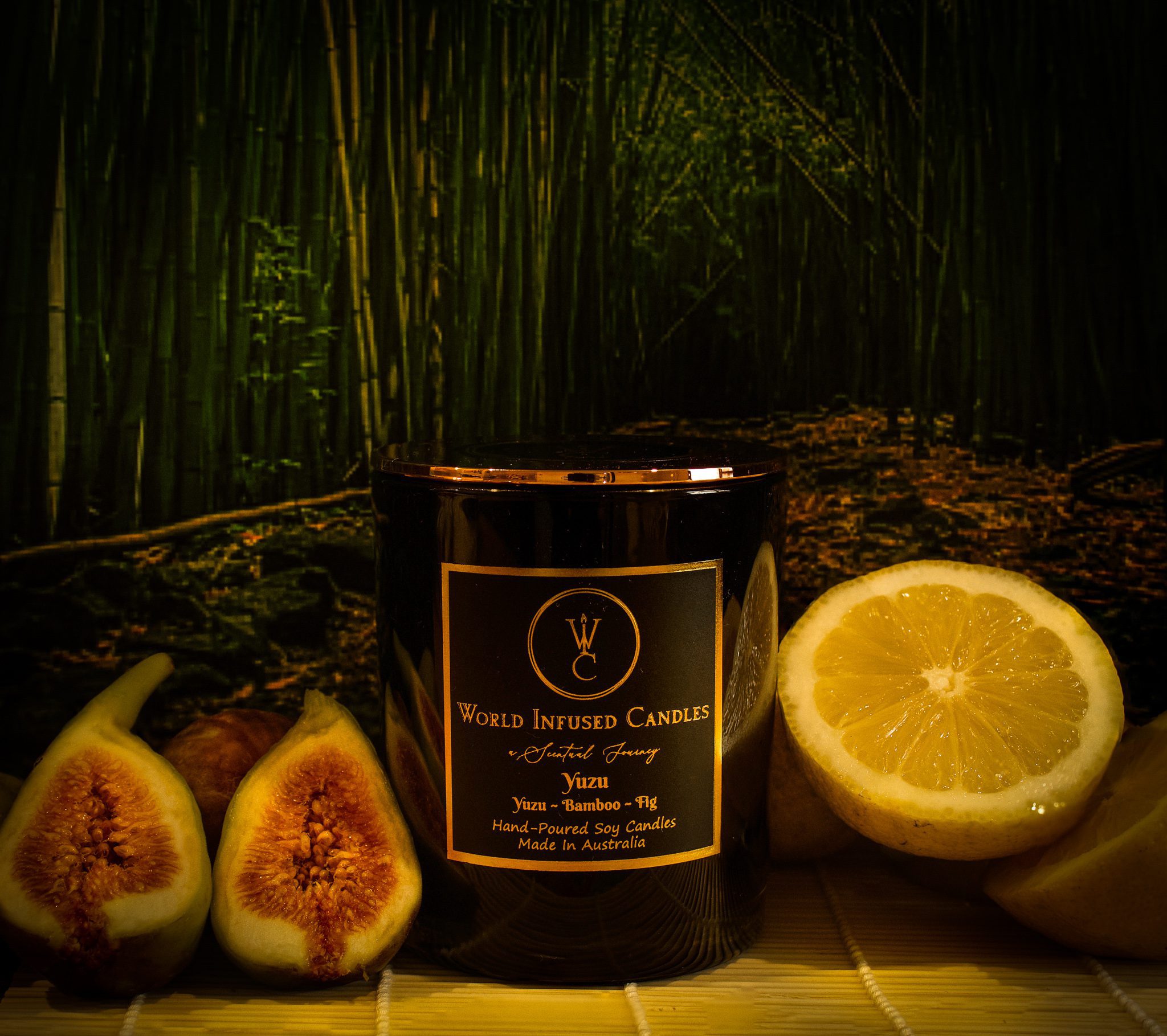 This Japanese-inspired Yuzu soy candle is combined with Bamboo and Fig,. Yuzu candle in center with Fig and Yuzu on both sides